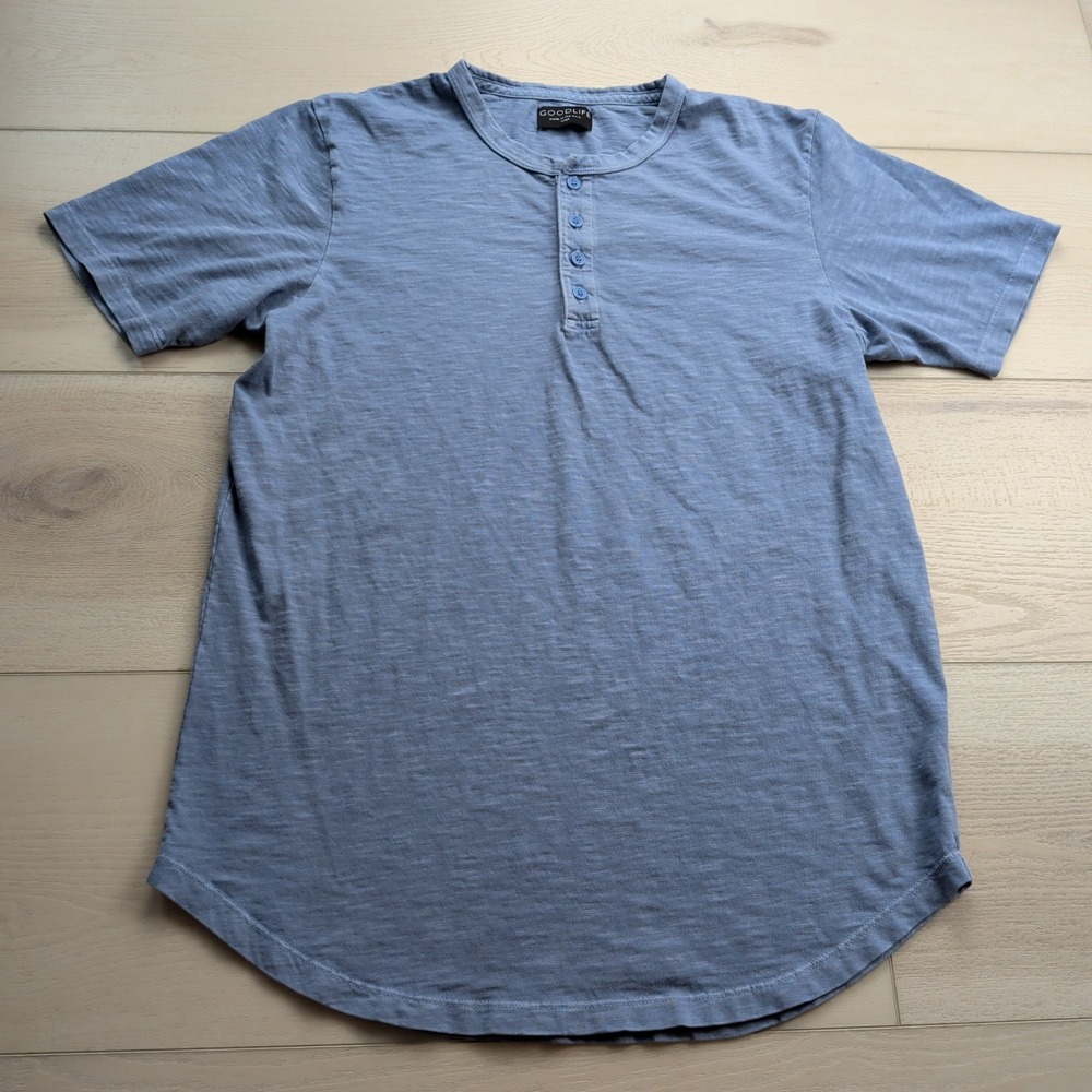 Goodlife Henley Shirt Men L Blue Slub Cotton Short Sleeve Curved Hem Made in USA